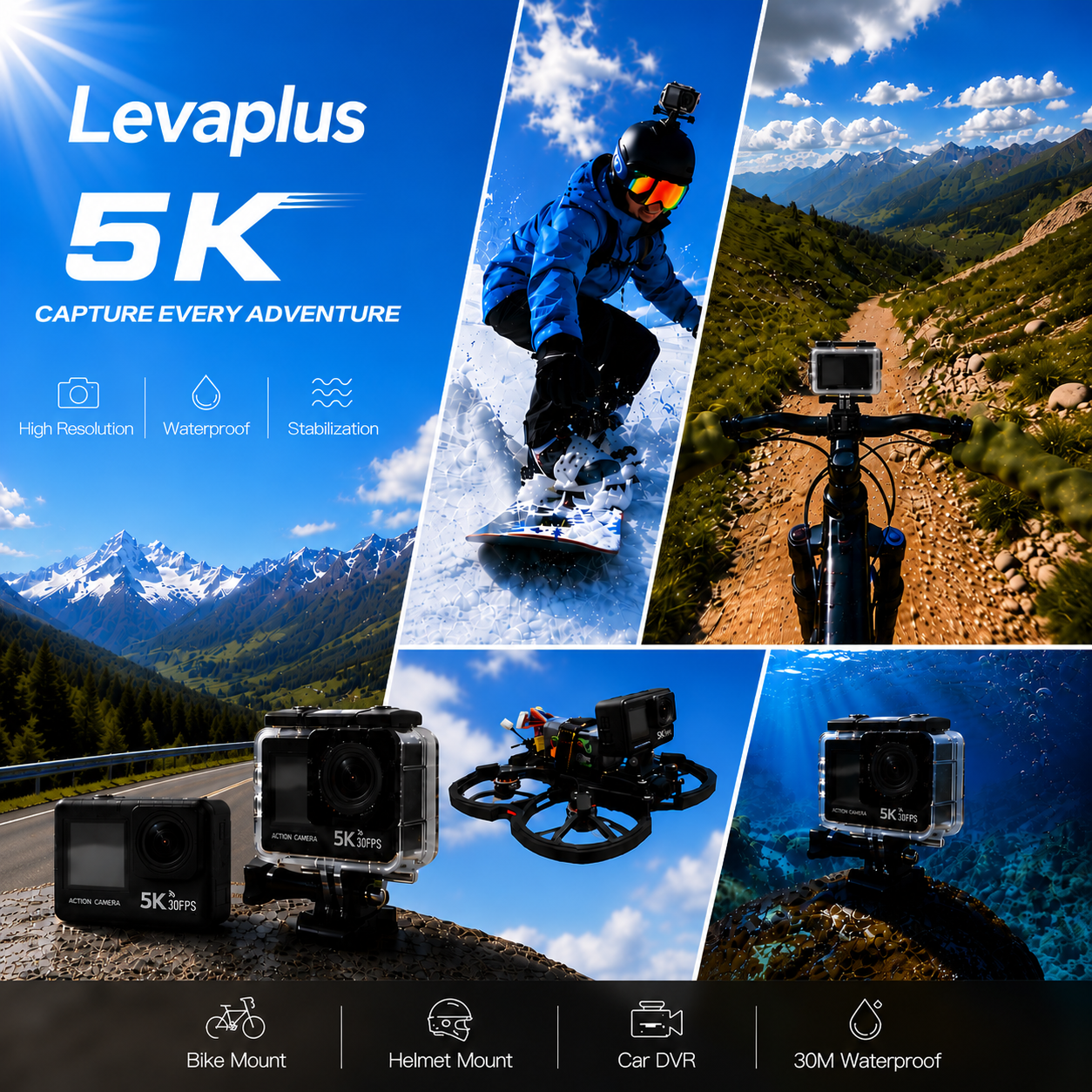 Levaplus 5K 30fps Ultra HD Video Action Camera--50MP Photo, EIS, WiFi Remote Control, 30m Waterproof