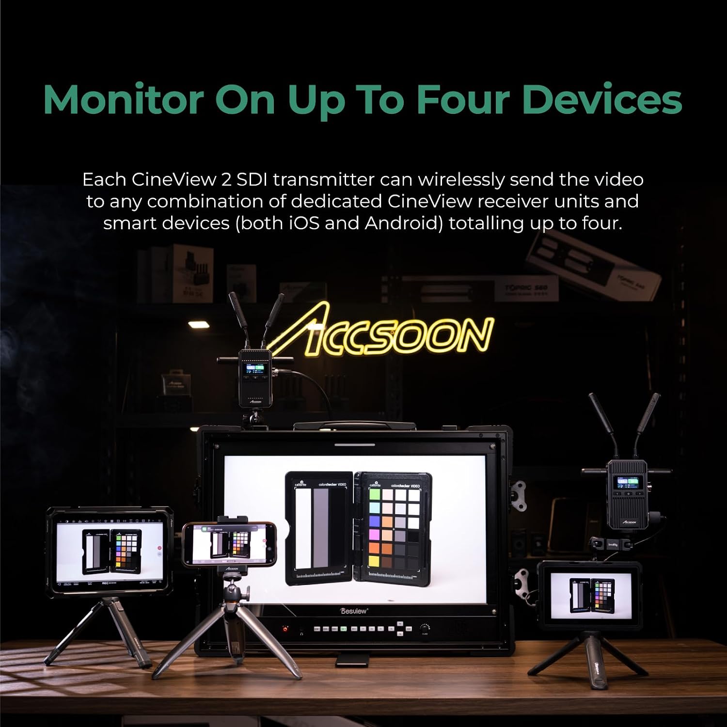 Accsoon CineView 2 SDI wireless video transmitter supporting simultaneous monitoring on up to four devices