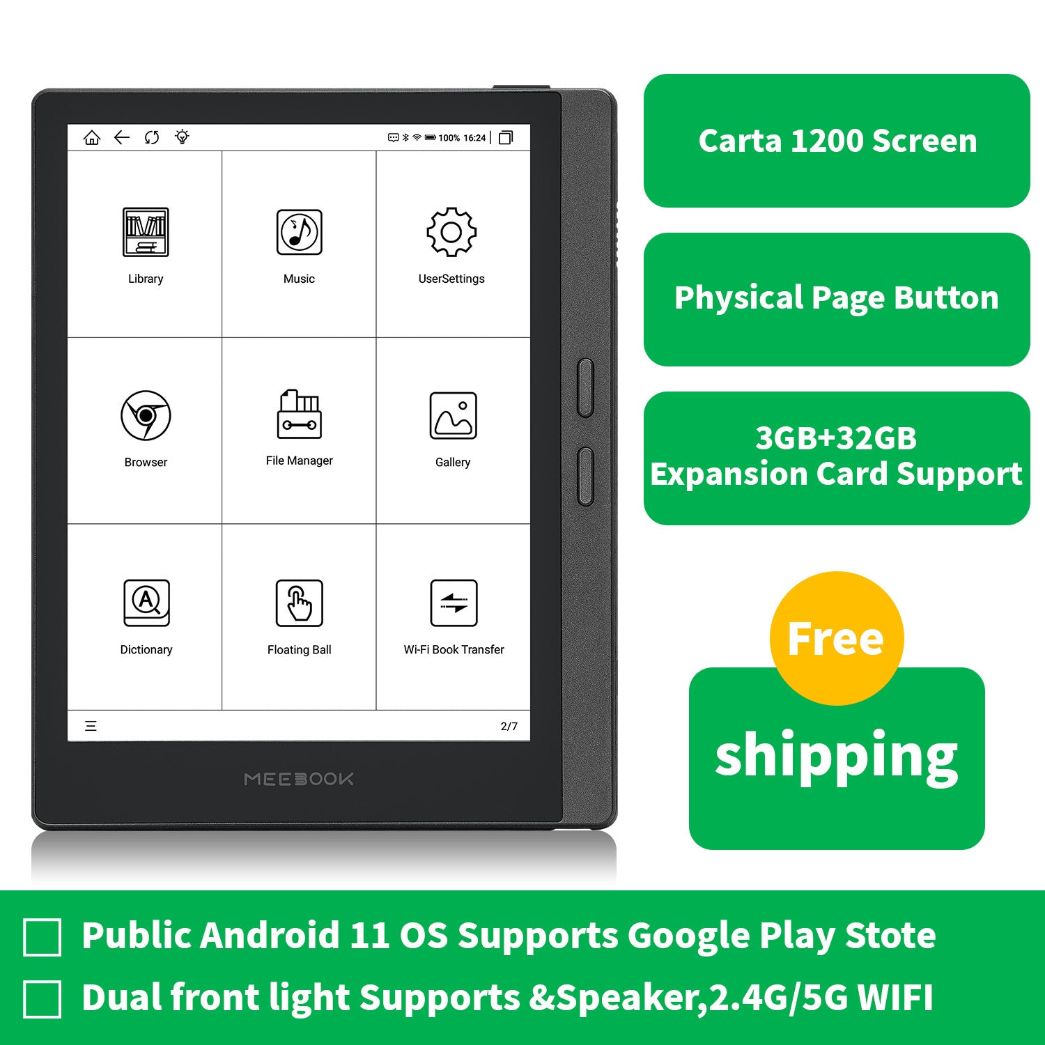 Meebook M7: 6.8" Eink Carta Screen 300PPI E-Reader, Smart Light, Android 11, Google Play & Speaker