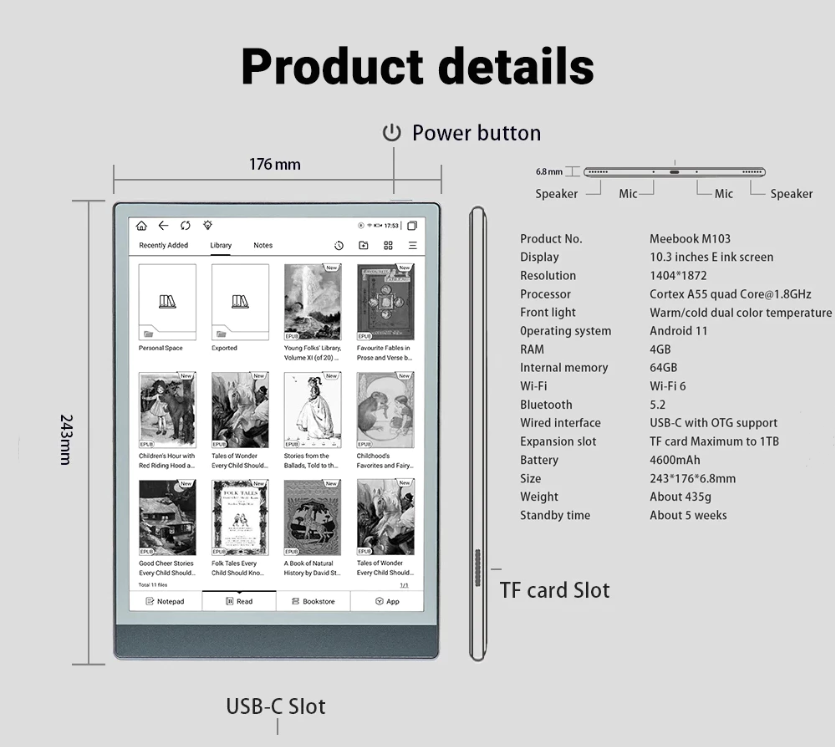 Meebook M103--10.3” HD EInk Ereader (64G) 227PPI with Android 11 | Smart Reading, Writing Device