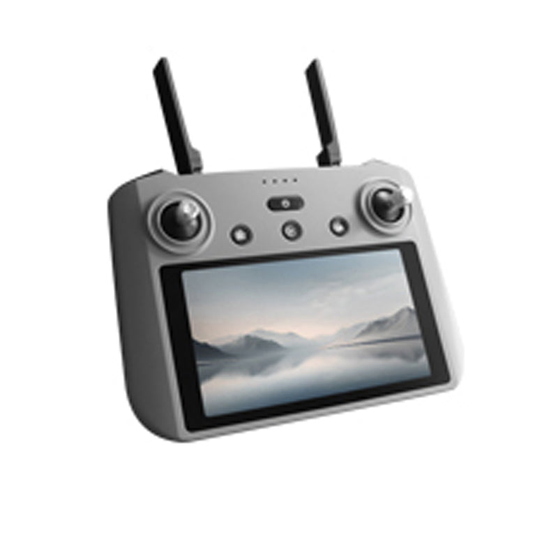 XiL019 remote controller with antennas and a screen displaying a drone's point of view in a mountainous area.