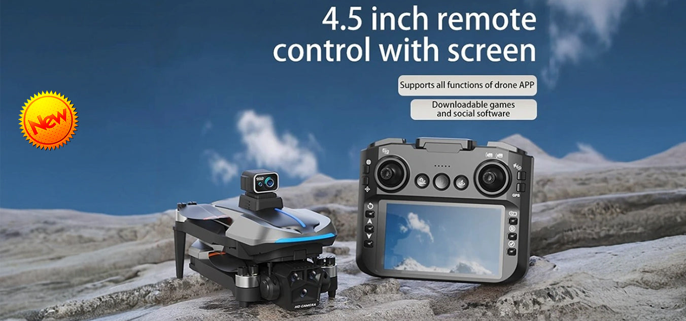 Levaplus AE8 EVO homepage banner featuring a 4.5-inch screen remote controller, GPS drone