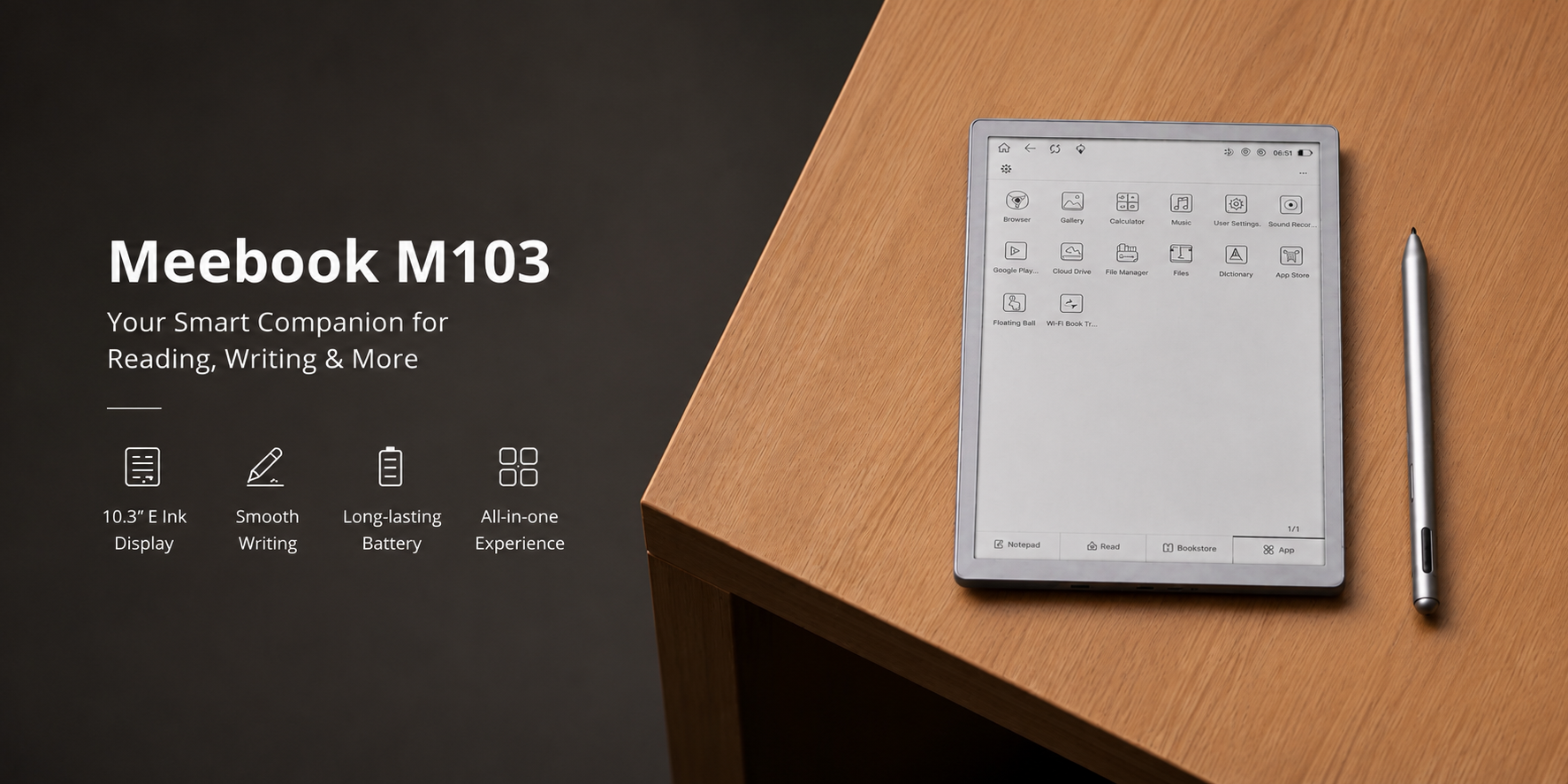 Meebook M103 10.3-inch E Ink eBook Reader promotional poster with stylus and Android 11