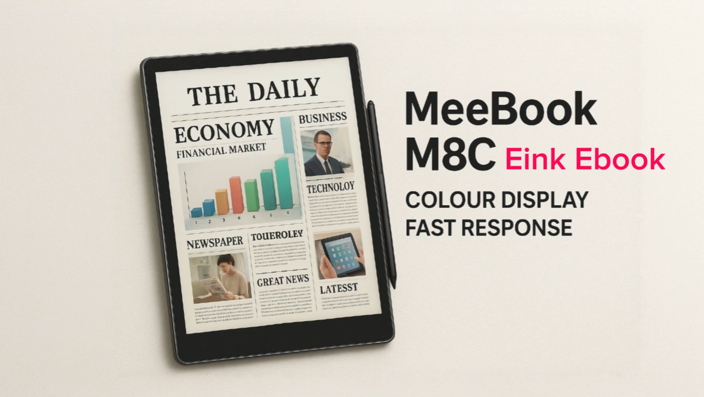 Meebook M8C 7.8-inch Color E Ink eBook Reader promotional poster featuring a Kaleido 3 color display and stylus