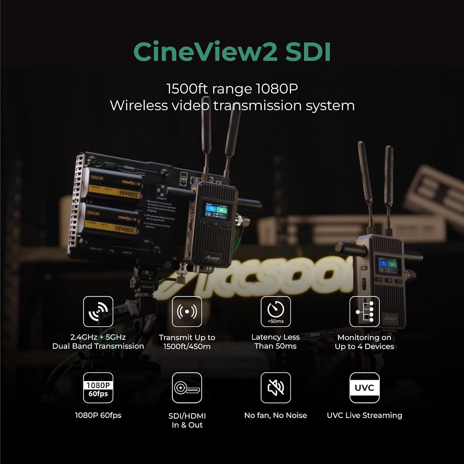 Accsoon CineView 2 SDI wireless video transmitter and receiver kit with dual-band antennas