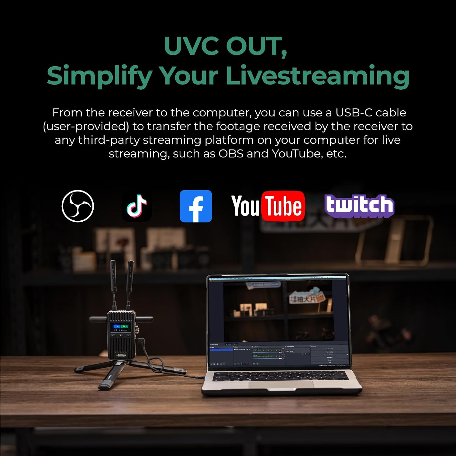 Accsoon CineView 2 SDI wireless video receiver with UVC output for USB-C live streaming to OBS, YouTube and other platforms