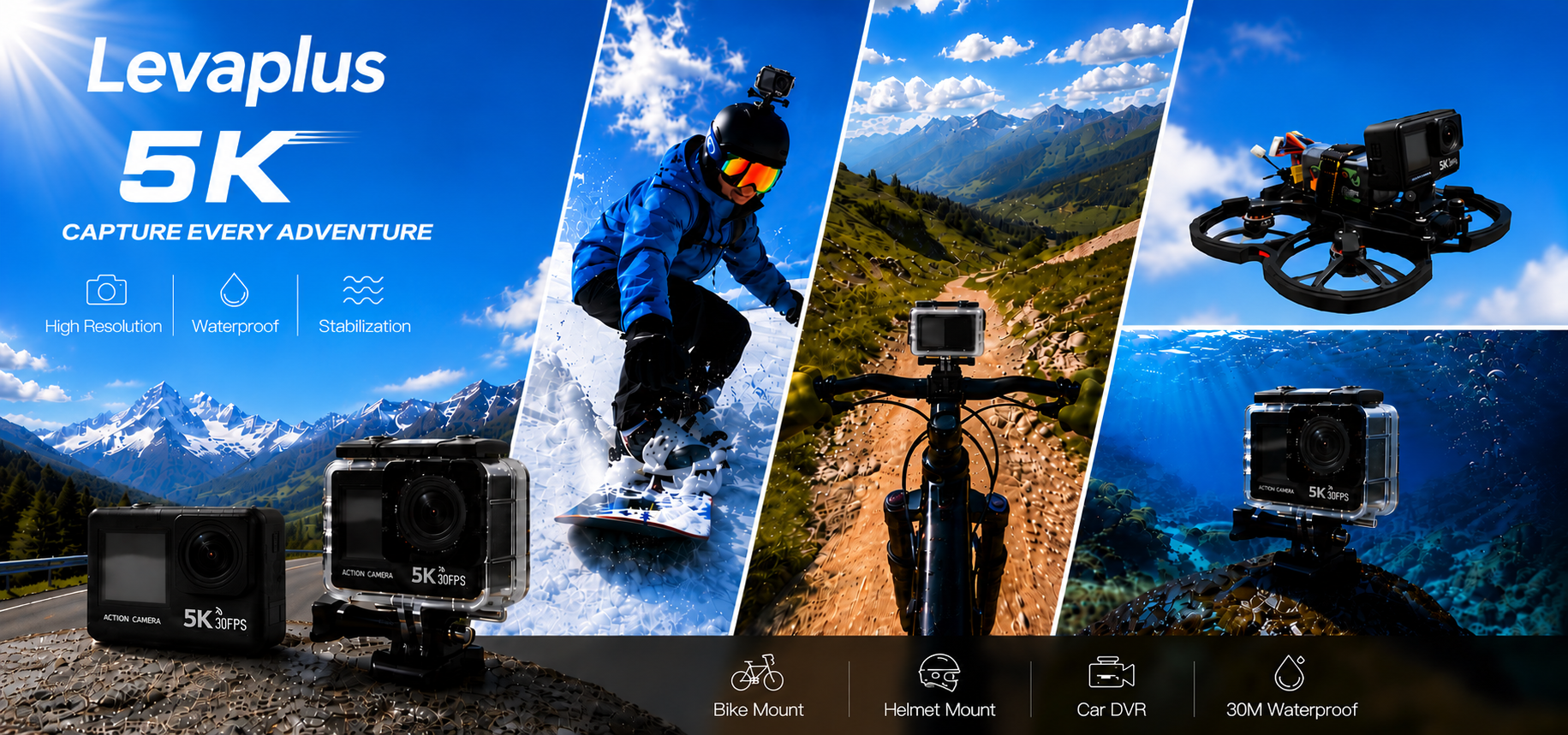 Promotional banner for Levaplus 5K Action Camera featuring outdoor sports, cycling, FPV flying, and underwater recording.