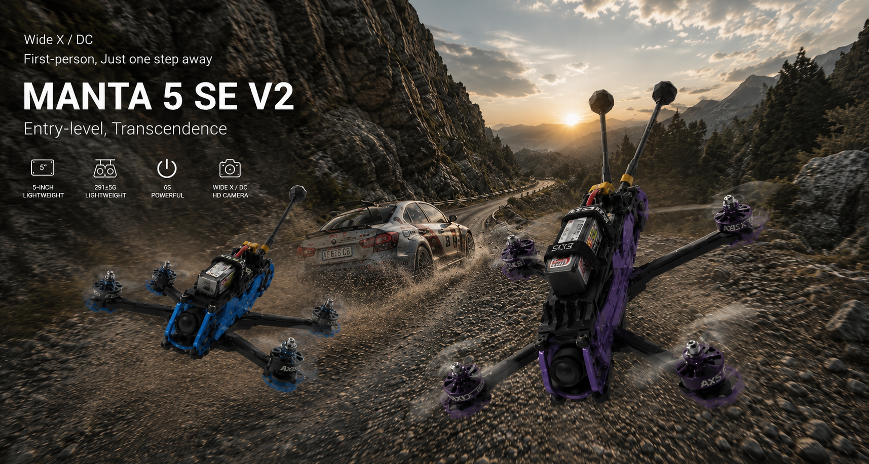 Levaplus Manta5 SE V2 drone on a mountainous terrain with sunset