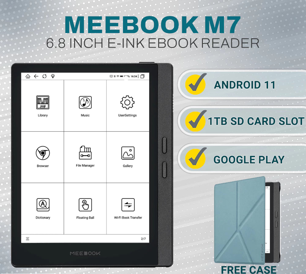 Meebook E-Reader M7 | 6.8' Eink Carta Screen | 300PPI Smart Light | Android 11 | Ouad Core Processor | Out Speaker | Support Google Play Store | 3GB+32GB Storage | Micro-SD Slot | Grey