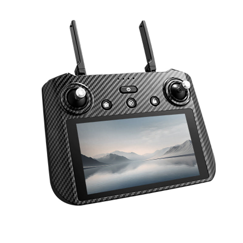 AE86 remote controller with a carbon fiber pattern, antennas, and a screen displaying a drone's point of view in a mountainous area.