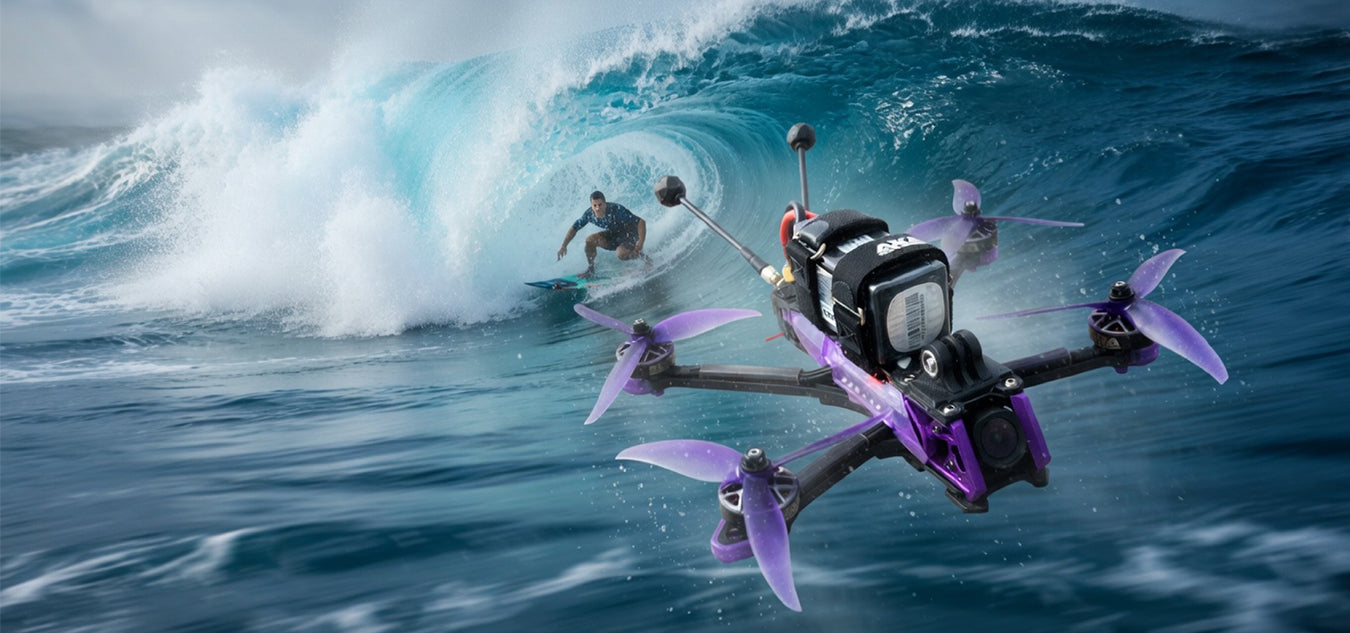 Axisflying Manta5 SE V2 FPV Drone flying above ocean waves for freestyle and cinematic aerial filming