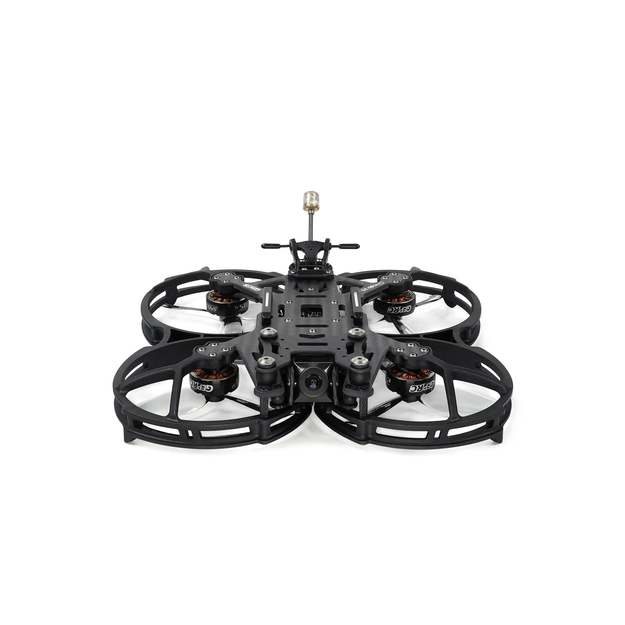 Front view of GEPRC CineLog35 V2 Analog FPV Drone with propeller guards