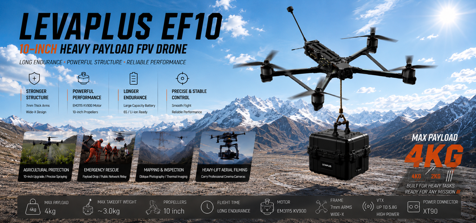 GEPRC EF10 Heavy Lift FPV Drone carrying a 4 kg payload for long-range aerial transport and industrial applications