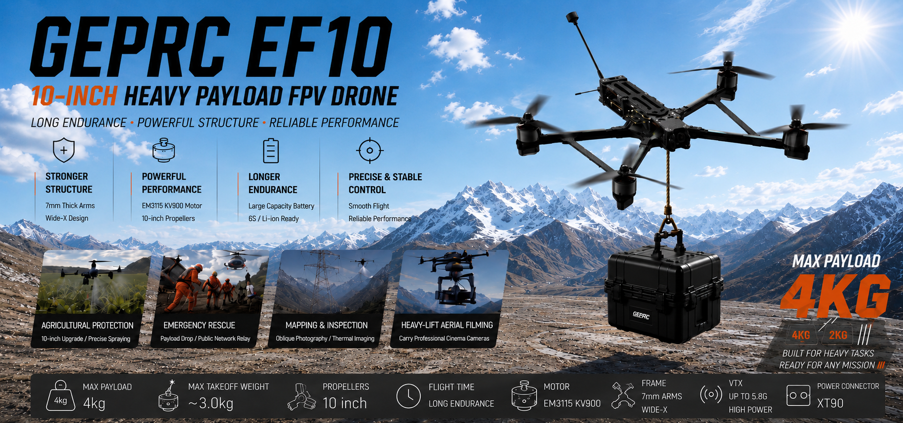 GEPRC EF10 Heavy Lift FPV Drone carrying a 4 kg payload for long-range aerial transport and industrial applications