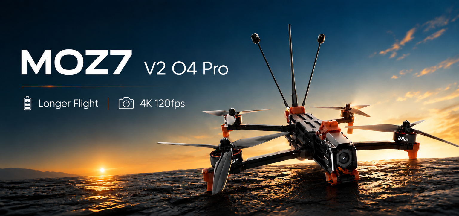 MOZ7 V2 O4 Pro drone with sunset background