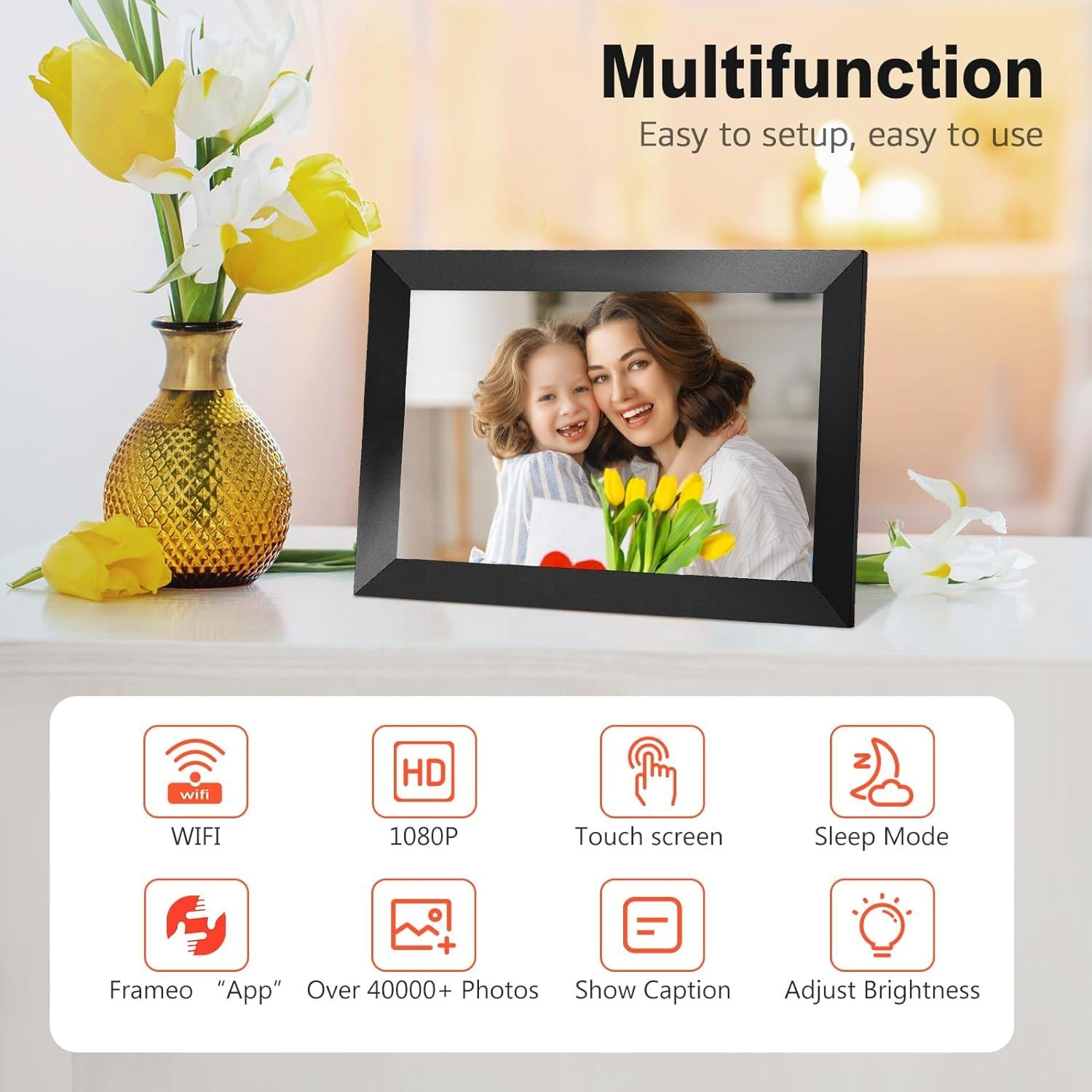 Levaplus Digital Picture Frame featuring WiFi connectivity, slideshow, and touch controls