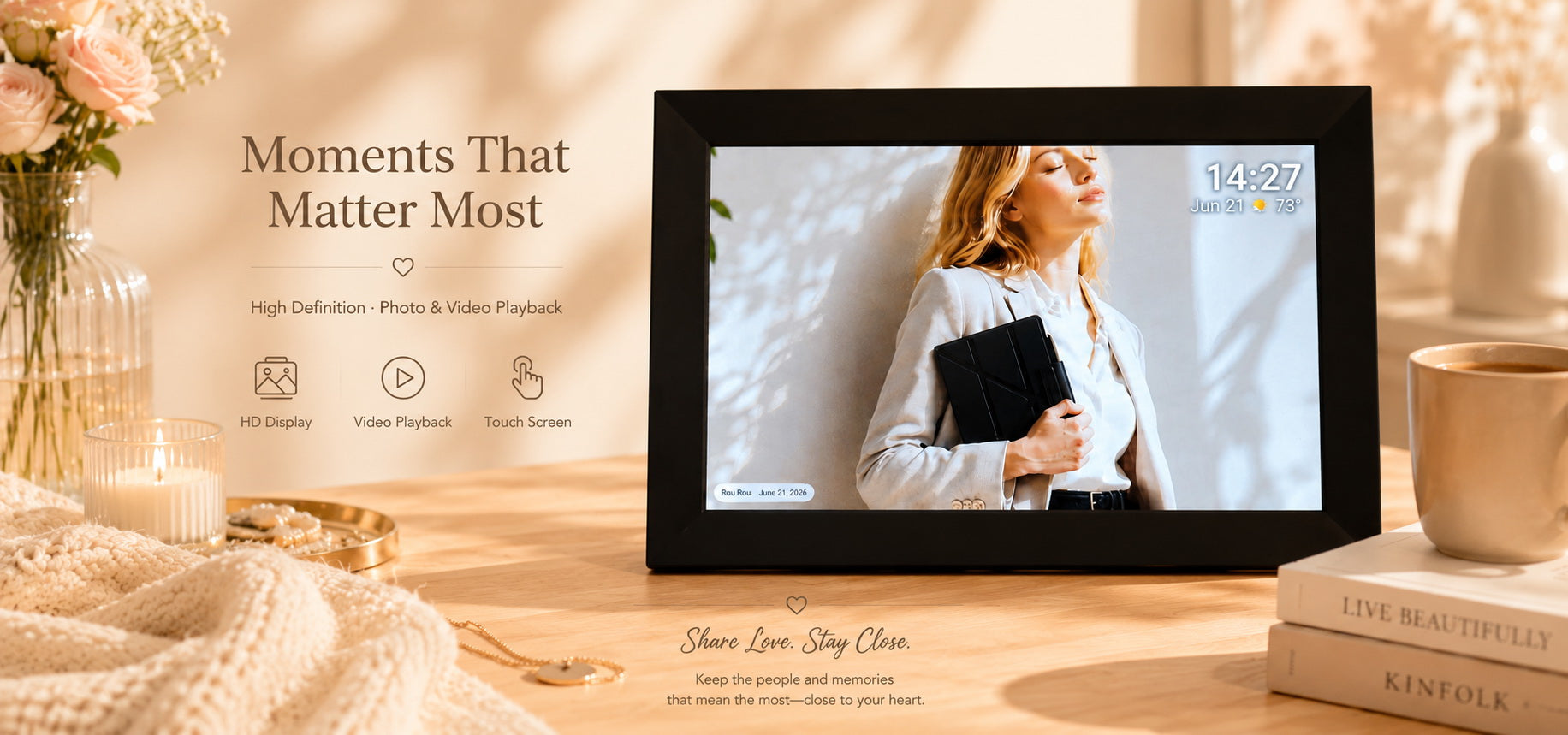 Levaplus Digital Picture Frame homepage banner featuring WiFi photo sharing, HD display, and video playback