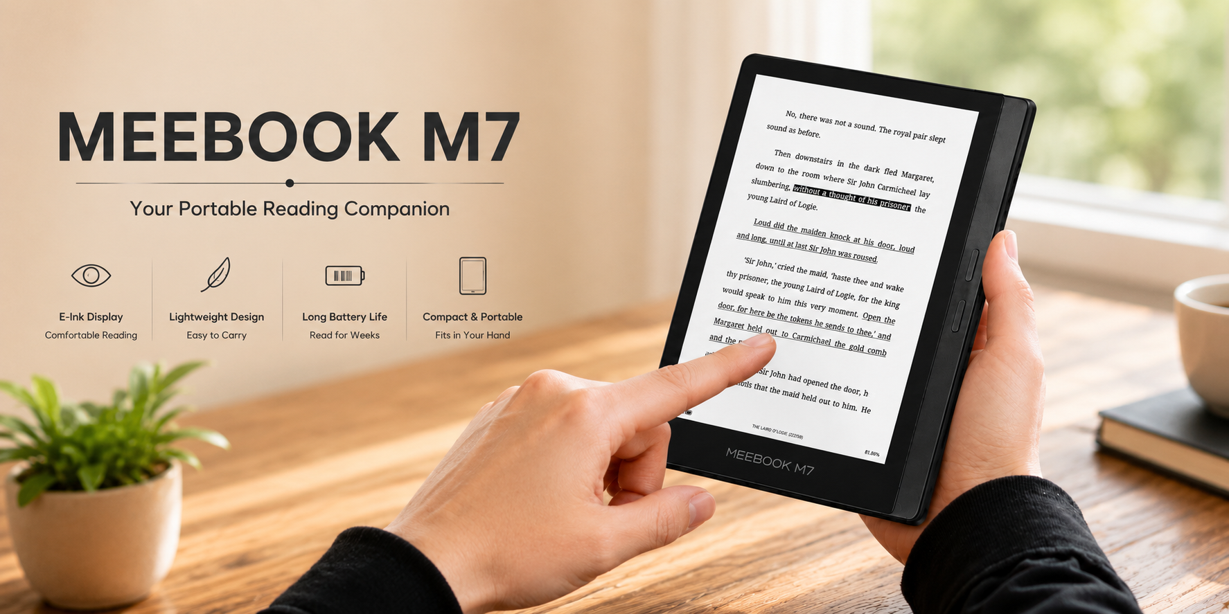 Meebook M7 E Ink eBook Reader promotional poster featuring Android 11 and a compact design