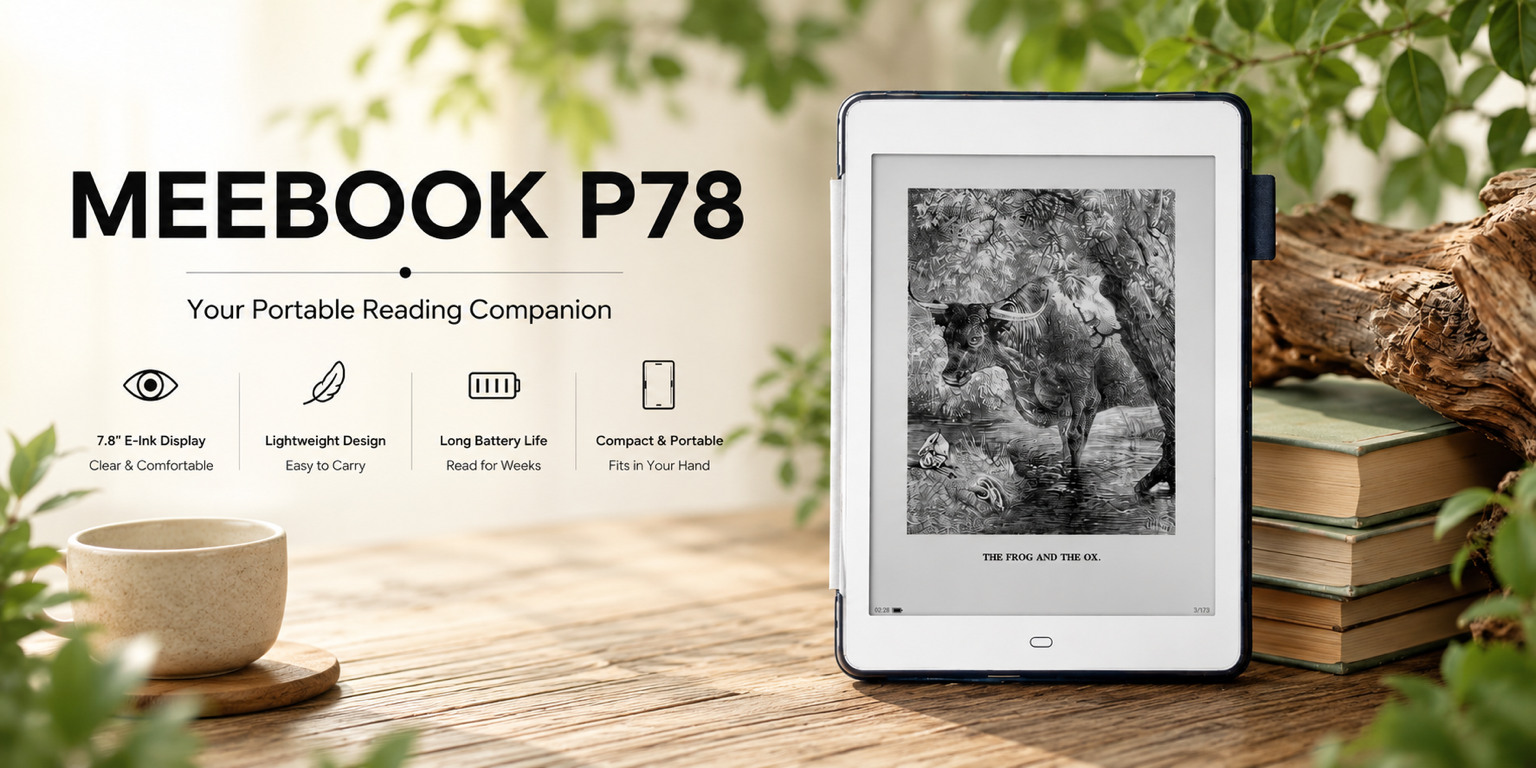 Meebook P78 7.8-inch E Ink eBook Reader homepage banner featuring a lightweight design, long battery life, and a glare-free display