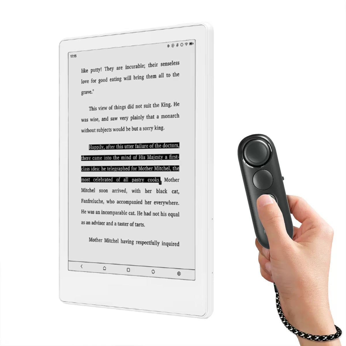 Remote Control Page Turner clipping onto an eBook reader for hands-free page turning